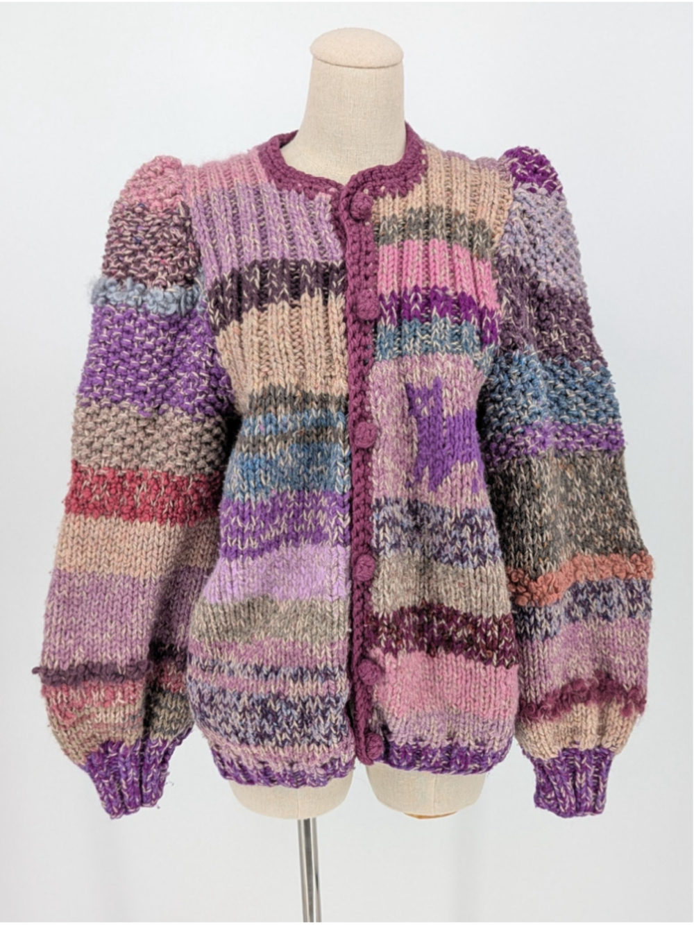 Vintage Style Hand Knit Patchwork Cat Cardigan Purple Art to Wear Balloon Sleeve
